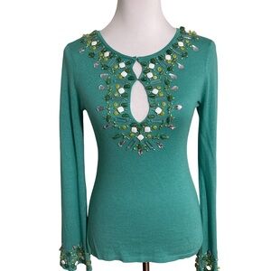 Bebe Green Scoop Neck Embellished Sweater